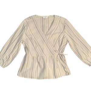 Time and Tru Beige Wrap Blouse With Subtle BlueStripes Size Medium (8-10)